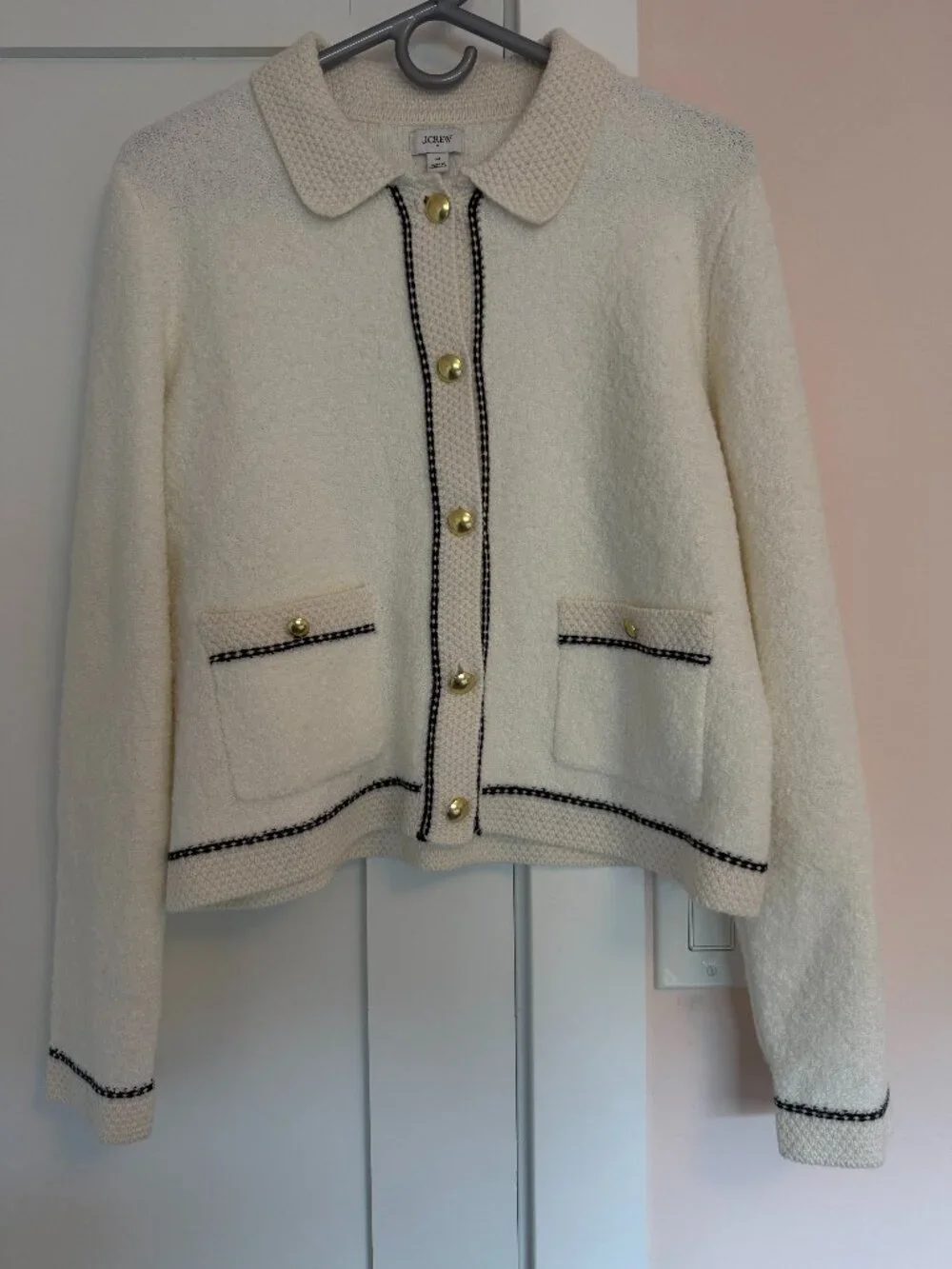 J Crew Sweater Jacket Cardigan Crocheted Collar Contrast Stitching Off White M